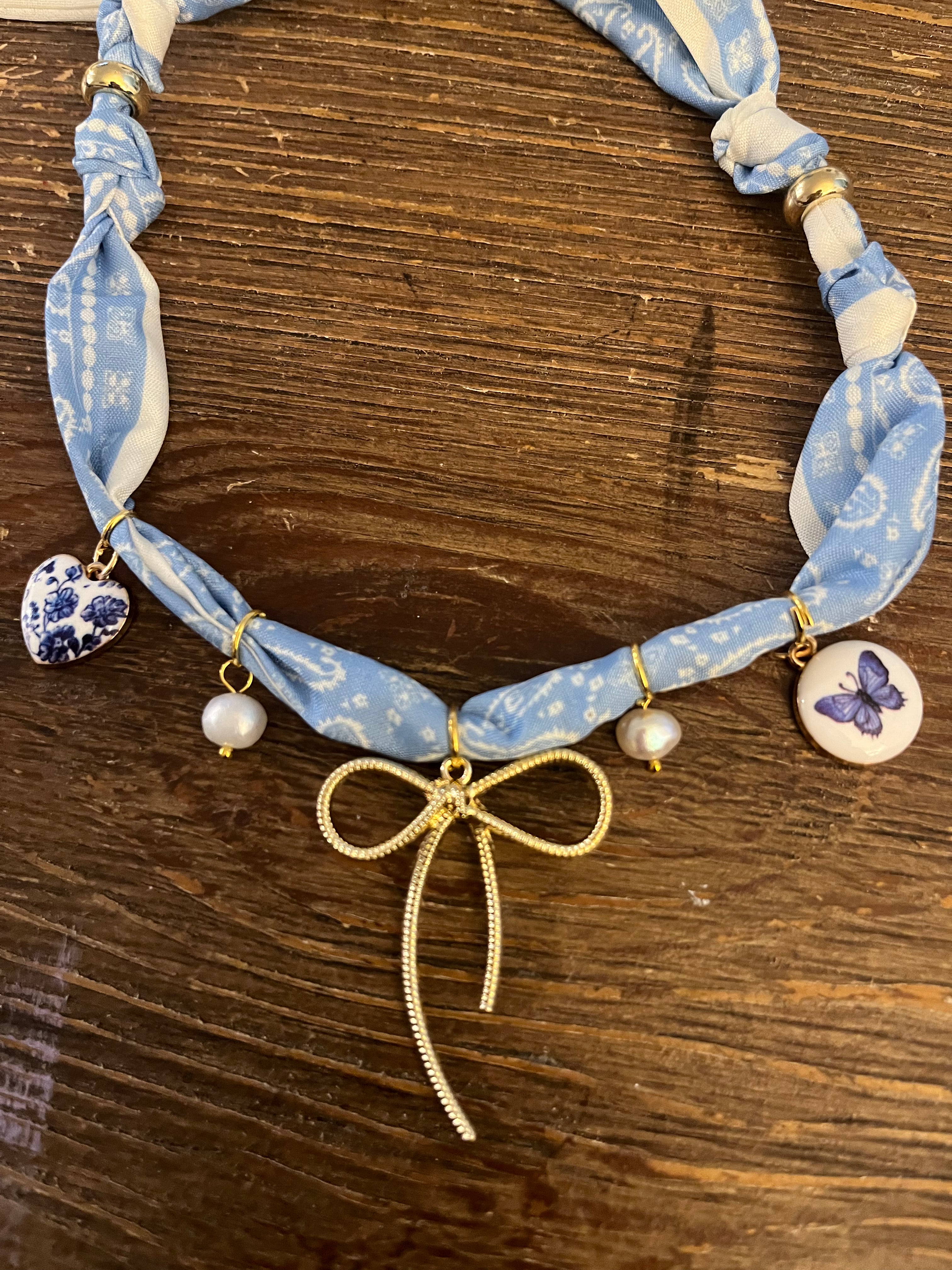 Blue Cottage Bow Bandana Necklace