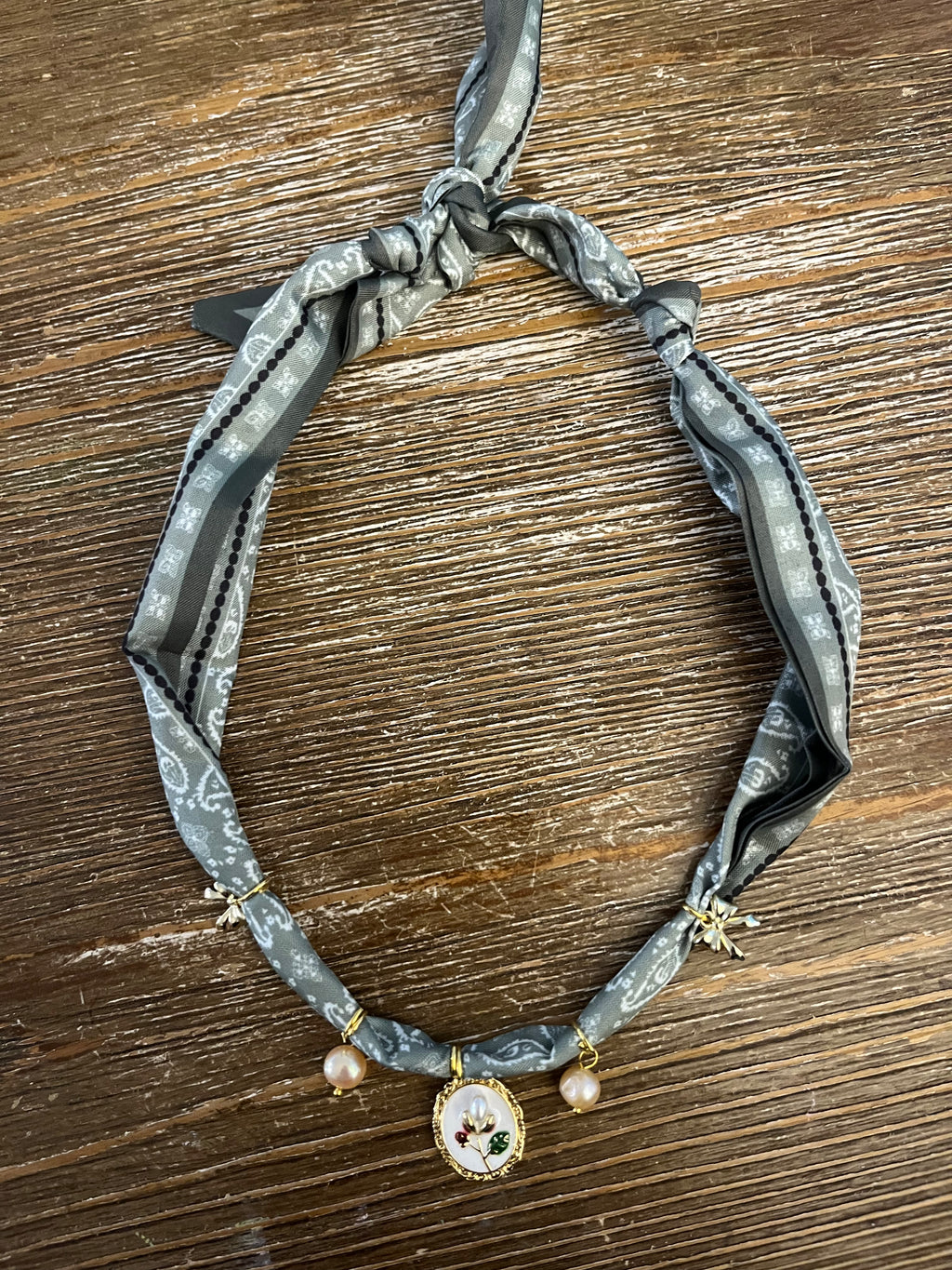 Muted Green Cottage Floral Bandana Necklace