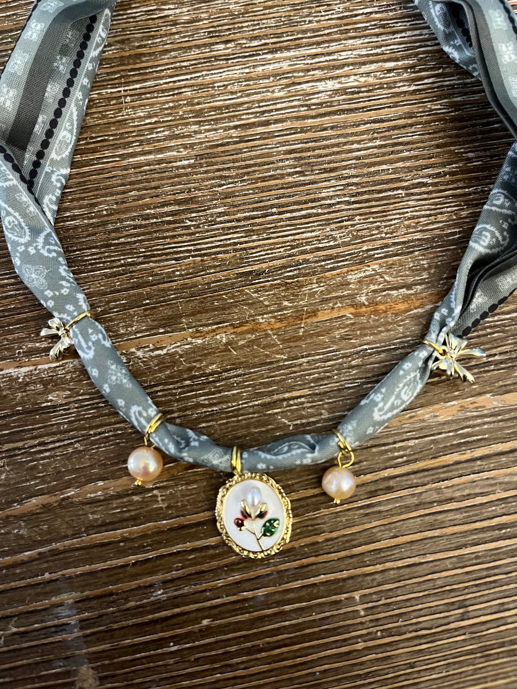 Muted Green Cottage Floral Bandana Necklace
