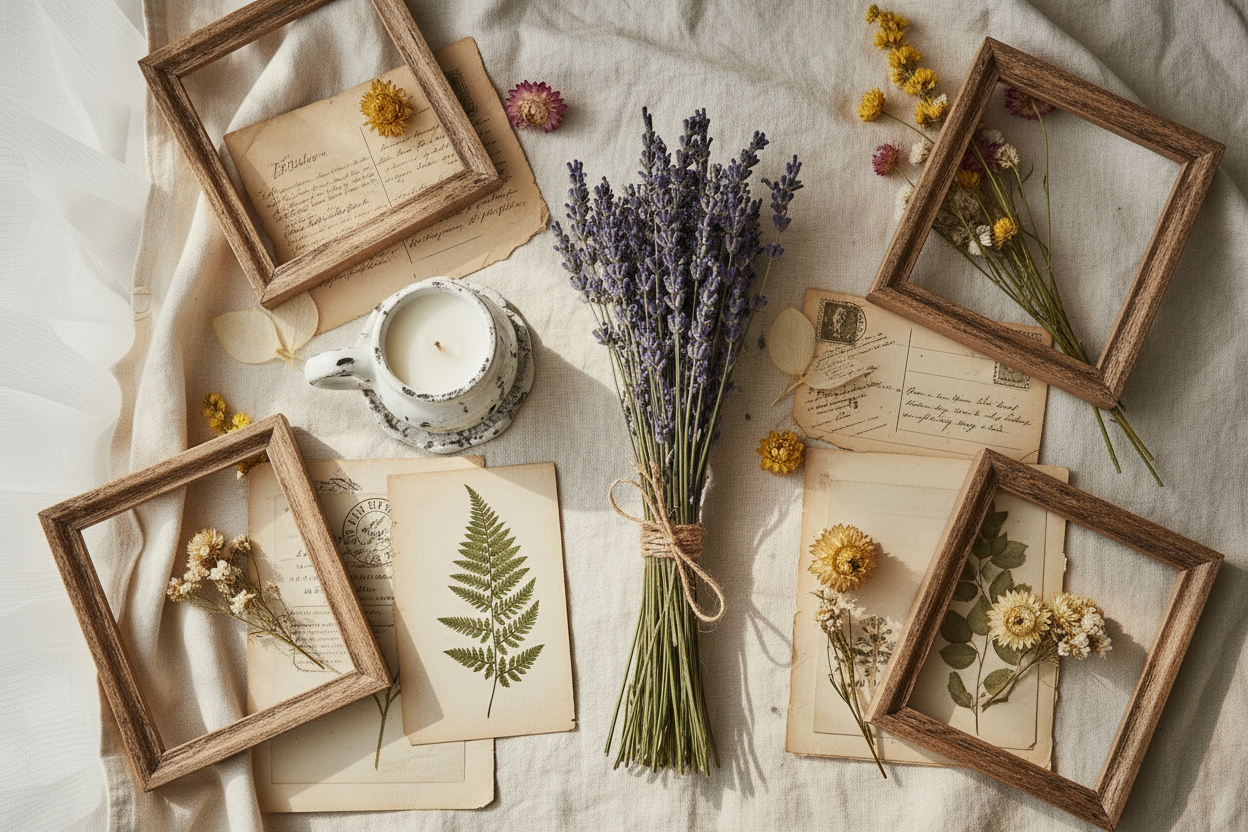 Cottage-style flat lay with scrapbook paper and frames